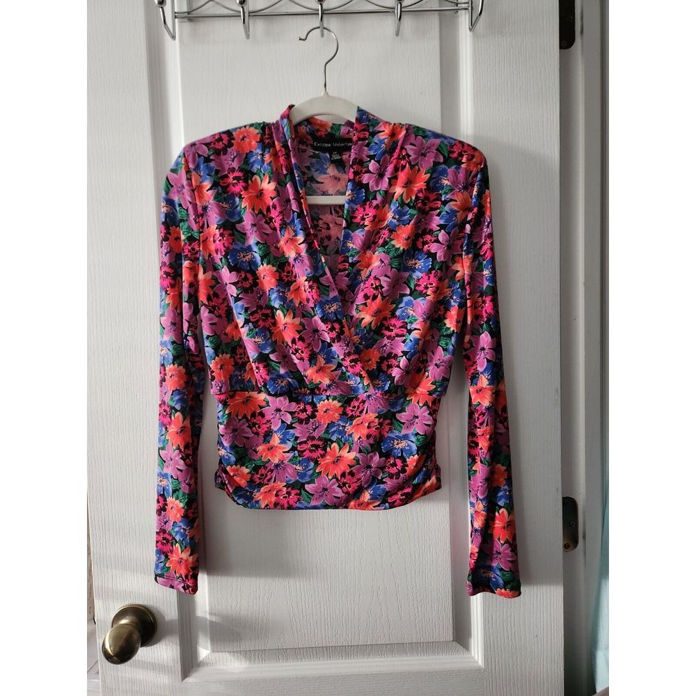 Catherine Malandrino Women's Colorful Floral Long Sleeve V-Neck Fitted Top S